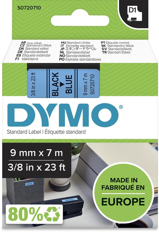 Dymo D1 tape 9 mm, zwart op blauw - OfficeTown