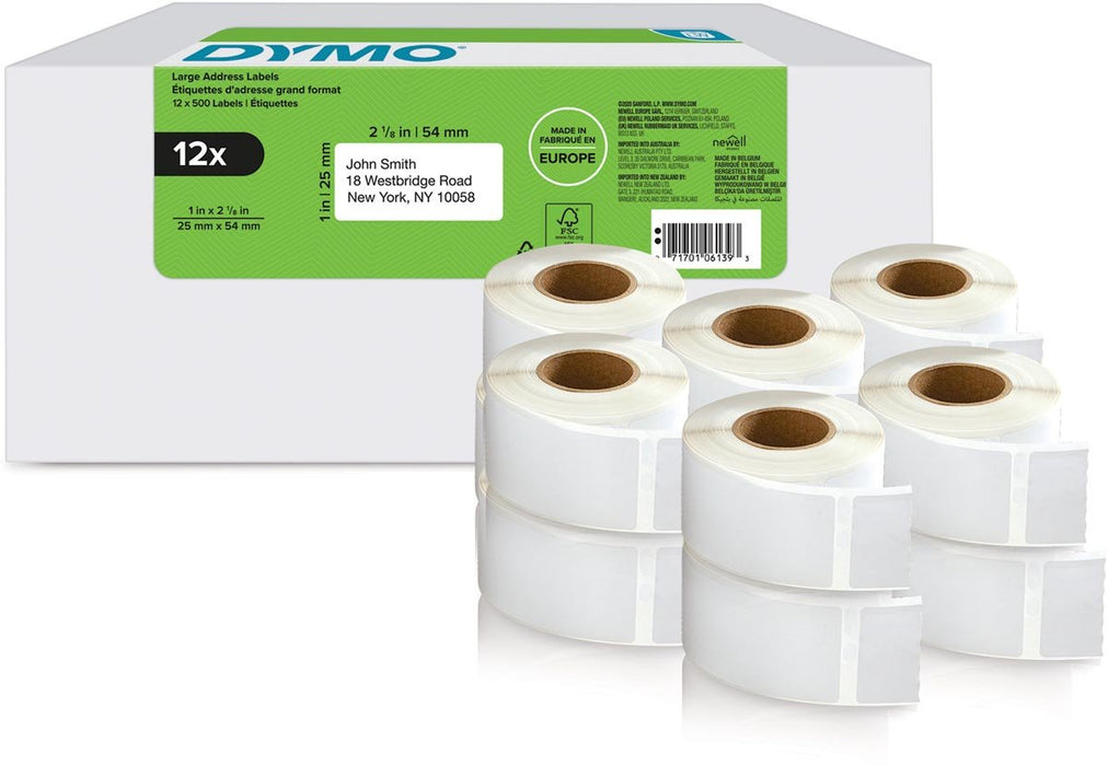 Dymo etiketten LabelWriter 25 x 54 mm, wit, 12 x 500 etiketten per doos - OfficeTown