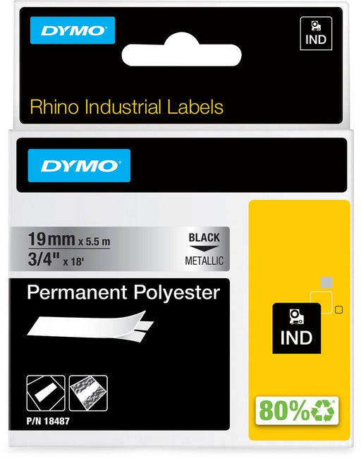 Dymo RHINO tape permanent polyester 19 mm, zwart op metaal - OfficeTown