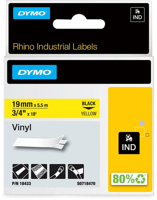 Dymo RHINO vinyltape 19 mm x 5,5 m, zwart op geel - OfficeTown