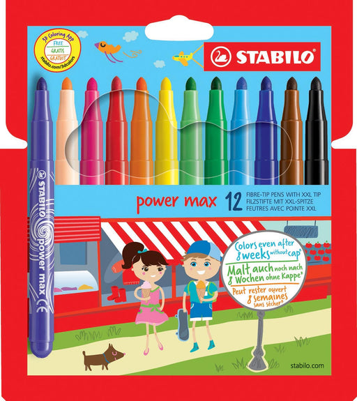 STABILO power max viltstift, etui van 12 stuks in geassorteerde kleuren 6 stuks, OfficeTown