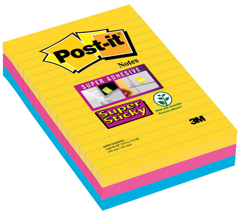 Post-it Super Sticky notities XXL Carnival, 90 vel, ft 101 X 152 mm, gelinieerd, assorti kleuren, pak van