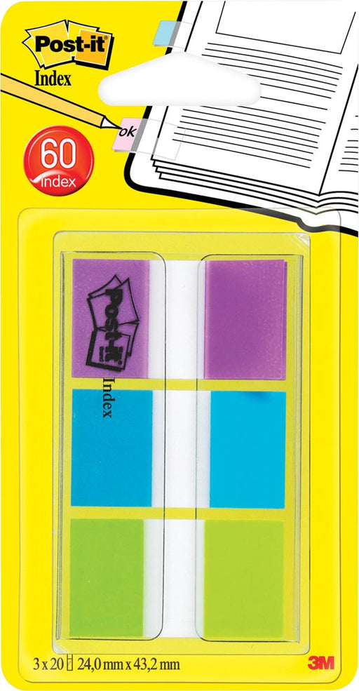 Post-it Index standaard, ft 25,4 x 43,2 mm, blister met 3 kleuren, 20 tabs per kleur, OfficeTown