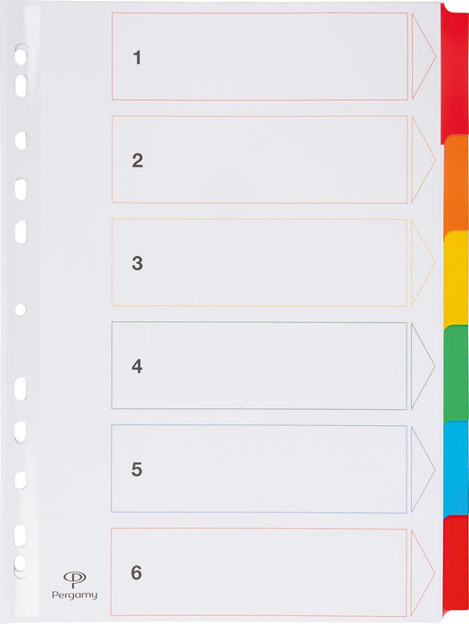 Tabbladen van Pergamy met indexvel, A4-formaat, 11-gaats perforatie, diverse kleuren, 6 tabs