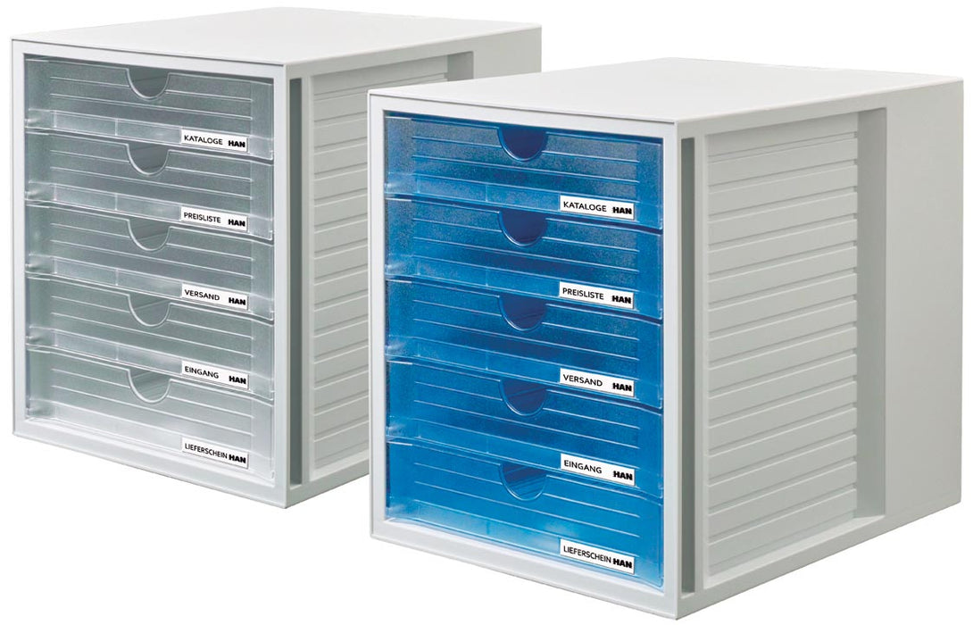 Ladenblok Systembox met 5 gesloten laden, lichtgrijs/transparant - 27,5 x 33 x 32 cm