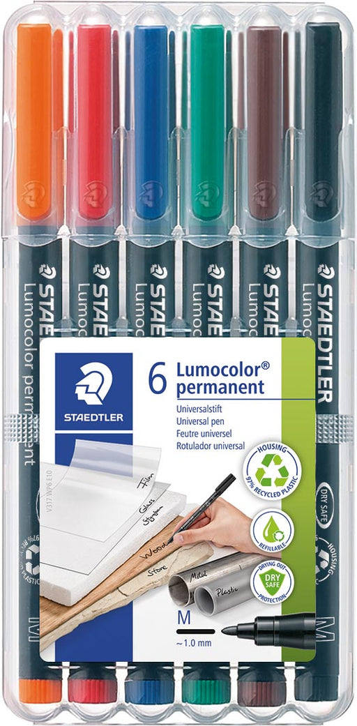 Staedtler Lumocoler 317, OHP-marker, permanent, 1,0 mm, etui van 6 stuks in geassorteerde klassieke kleur 10 stuks, OfficeTown