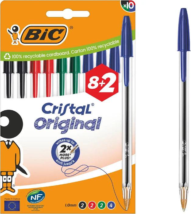 Bic Cristal balpen, medium, assorti, blister van 8 + 2 GRATIS