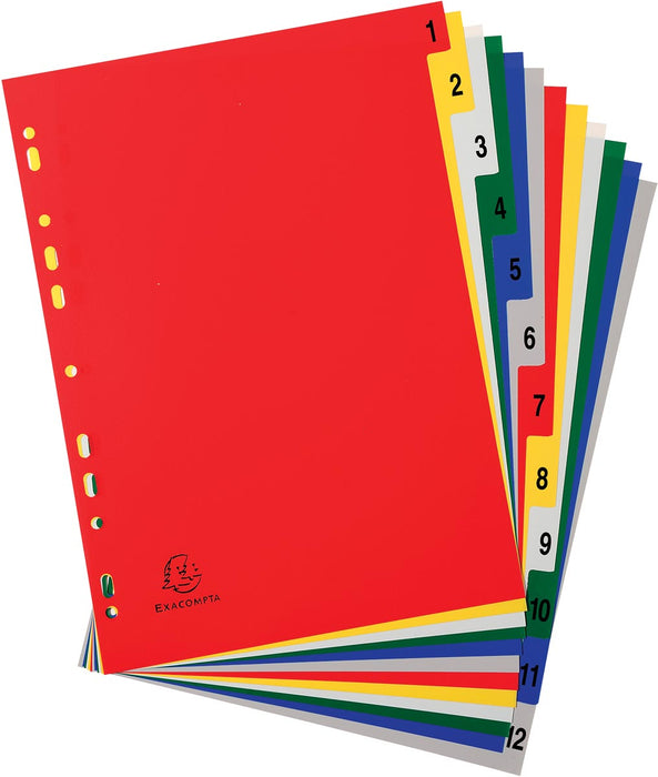 Exacompta numerieke tabbladen voor A4-formaat, gemaakt van PP 12/100e, 12 kleurtabs, met indexblad, wit