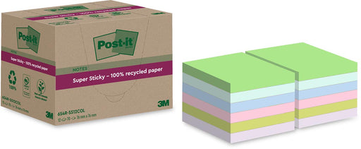 Post-it Super Sticky Notes Recycled, 70 vel, ft 76 x 76 mm, assorti, pak van 12 blokken 12 stuks, OfficeTown