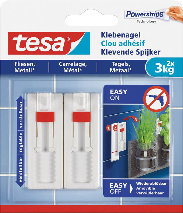 Tesa Klevende Spijkers voor Tegels & Metaal, verstelbaar, draagvermogen 3 kg, blister van 2 stuks
