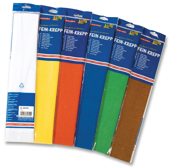 Folie crêpepapier pak van 10 stuks in verschillende kleuren: wit, geel, licht oranje, lichtblauw, blauw, rood, lichtgroen, donkergroen, roze en bruin