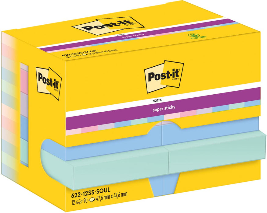 Post-It Super Sticky Notes Soulful, 90 vellen, afmeting 47,6 x 47,6 mm, pak van 12 blokken