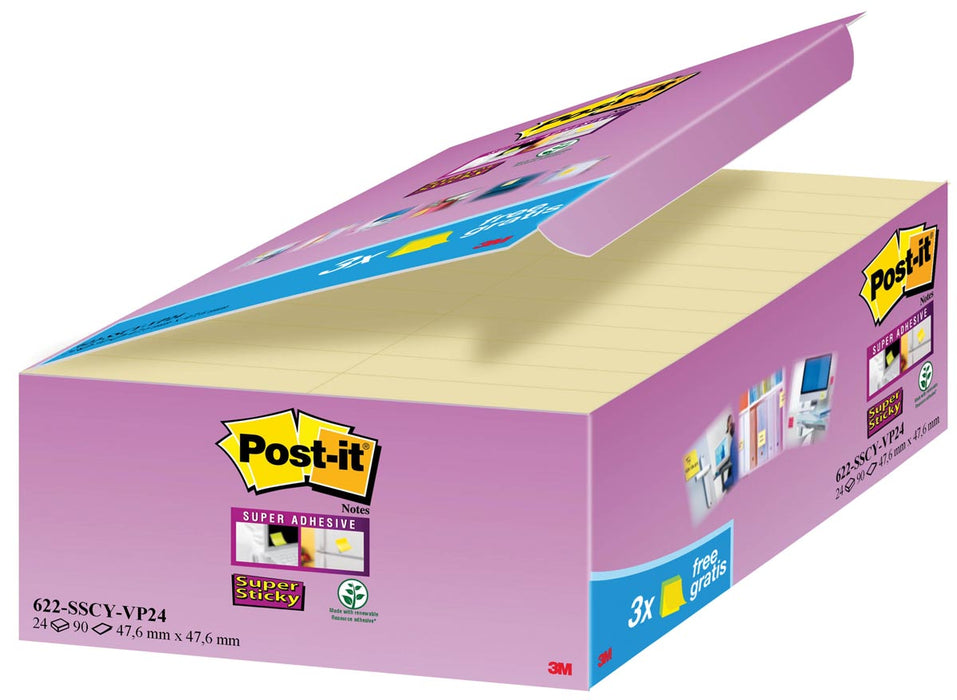 Post-it Super Sticky notes, 90 vel, ft 47,6 x 47,6 mm, geel, pak van 21 + 3 GRATIS