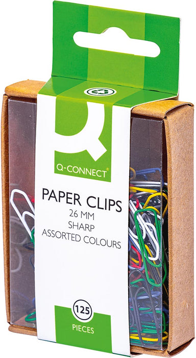Q-CONNECT paperclips, 26 mm, gekleurd, doos van 125 stuks, met ophangoog