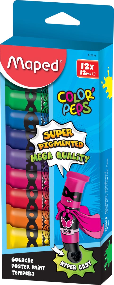 Maped Color'Peps plakkaatverf, tubes van 12 ml, ophangdoos met 12 tubes in geassorteerde kleuren 10 stuks, OfficeTown
