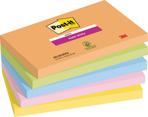 Post-it Super Sticky notes Boost, 90 vel, ft 76 x 127 mm, geassorteerde kleuren, pak van 5 blokken 12 stuks, OfficeTown