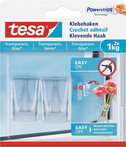 Tesa Klevende haak voor Transparant en Glas, draagvermogen 1 kg, blister van 2 stuks 8 stuks, OfficeTown