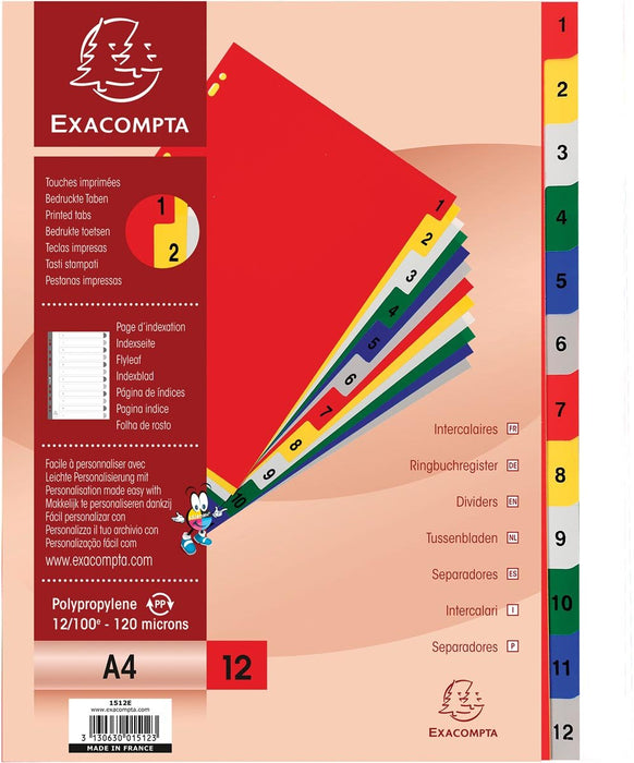 Exacompta numerieke tabbladen voor A4 - formaat, gemaakt van PP 12/100e, 12 kleurtabs, met indexblad, wit - OfficeTown