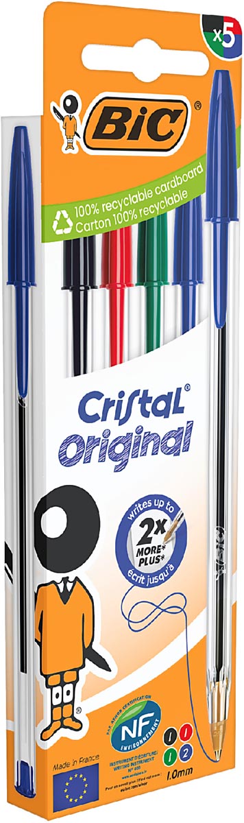Bic Cristal balpen, medium, blister van 5 stuks: zwart, rood, groen en 2 x blauw 10 stuks, OfficeTown