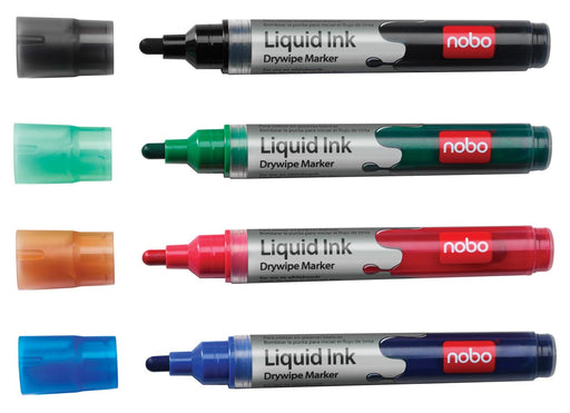 Nobo Witbordstift Geassorteerde kleuren: zwart, groen, rood en blauw, blister van 4 stuks 12 stuks, OfficeTown