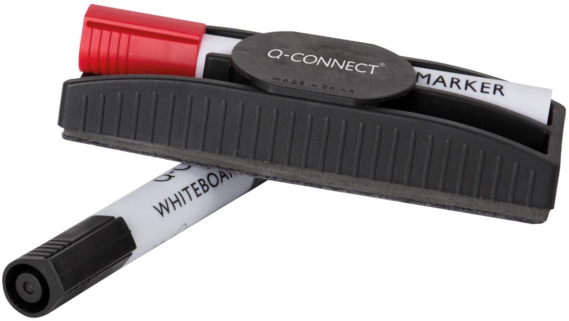 Q-CONNECT magnetische whiteboardwisser met stiftenhouder, inclusief 2 whiteboardmarkers