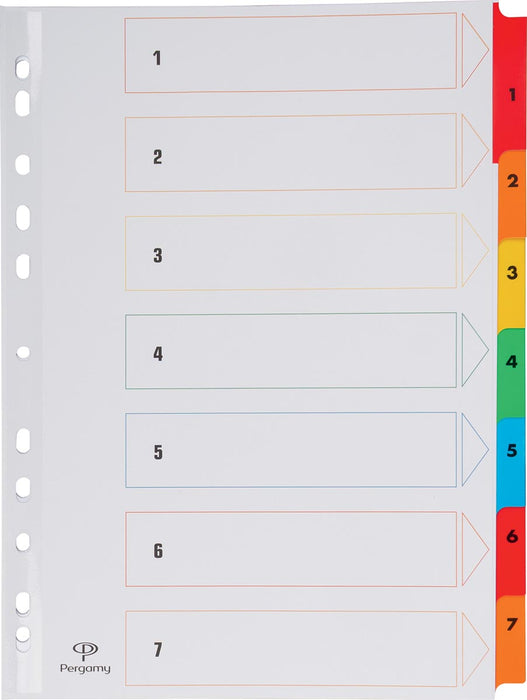 Pergamy tabbladen met indexblad, ft A4, 11-gaatsperforatie, geassorteerde kleuren, set 1-7 40 stuks, OfficeTown