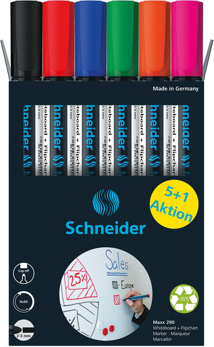 Schneider Maxx 290 whiteboard markers, 5 + 1 gratis, assorti