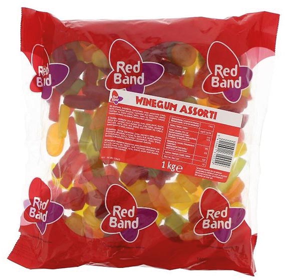 Rode Band winegums, 1 kg zak, mix assortiment