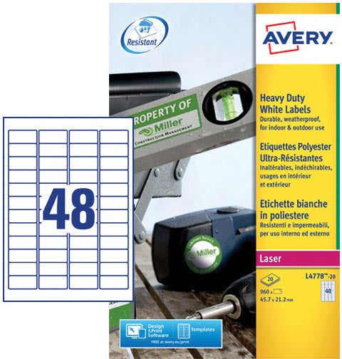 Avery L4778-20 ultrasterke etiketten, 960 stuks, wit