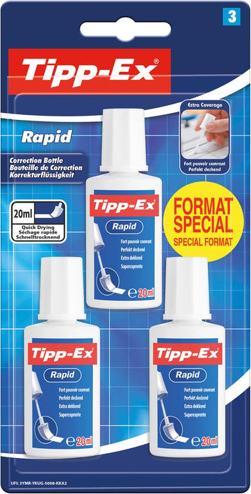 Tipp-Ex correctievloeistof Rapid, blister van 3 stuks, special format met driehoekige sponsapplicator