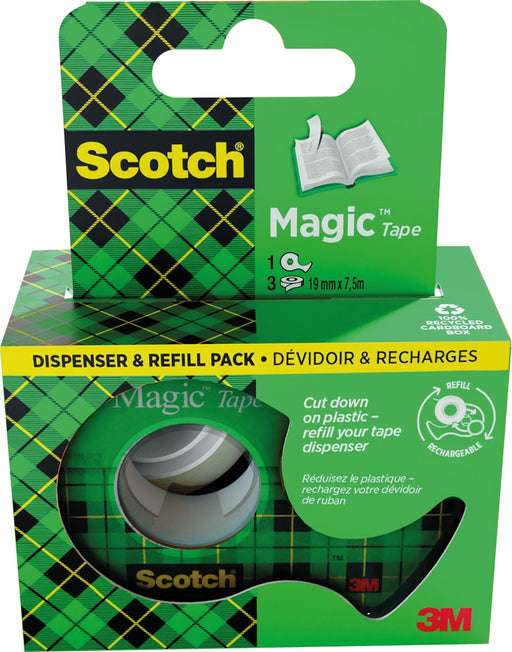Scotch Magic Tape plakband ft 19 mm x 7,5 m, dispenser + 3 rolletjes, ophangbaar doosje 24 stuks, OfficeTown