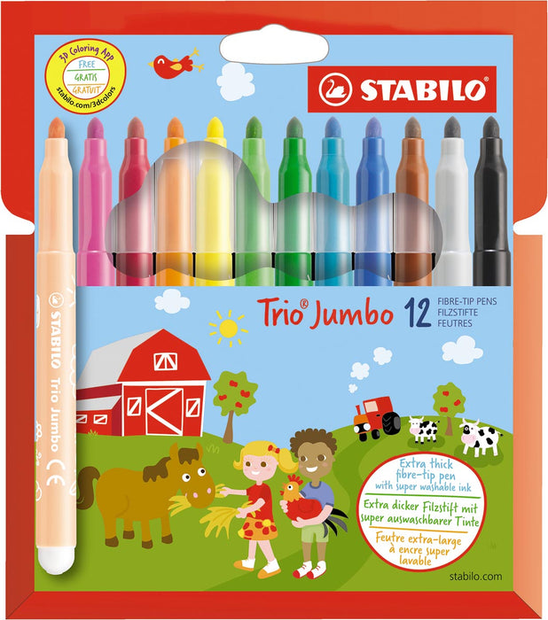 STABILO Trio Jumbo viltstift met 12 stuks in assorti etui, XL punt van 3mm