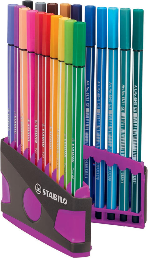 STABILO Pen 68 brush, ColorParade, lila-grijze doos, 20 stuks in geassorteerde kleuren 10 stuks, OfficeTown
