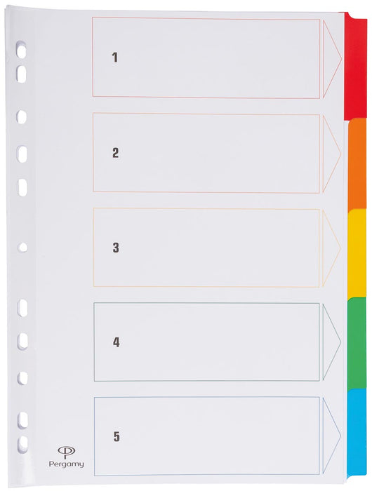 Pergamy tabbladen met indexblad, A4-formaat, 11-gaatsperforatie, diverse kleuren, 5 tabs, 50 stuks