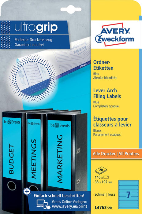 Avery Zweckform L4763-20 ordnerrugetiketten ft 19,2 x 3,8 cm (b x h), 140 etiketten, blauw 30 stuks, OfficeTown