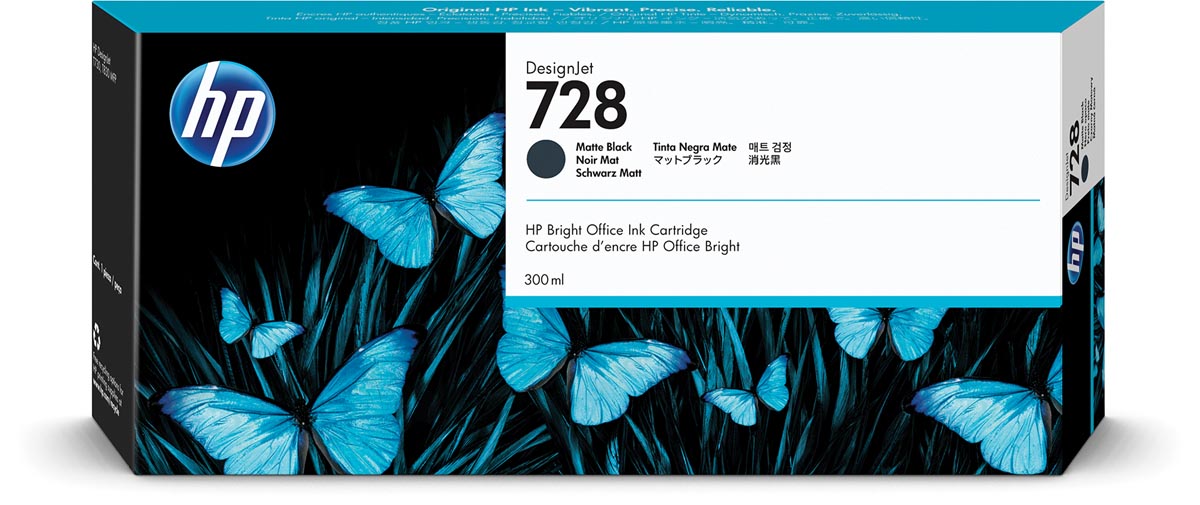 HP inktcartridge 728, 300 ml, OEM F9J68A, zwart mat geschikt voor DesignJet T830 24-inch MFP, DesignJet T830 36-inch MFP, DesignJet T730 914-mm printer