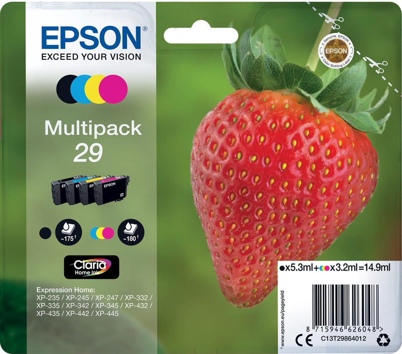 Epson inktcartridge 29, 180 pagina's, OEM C13T29864012, 4 kleuren, Geschikt voor XP/235/332/335/432/435