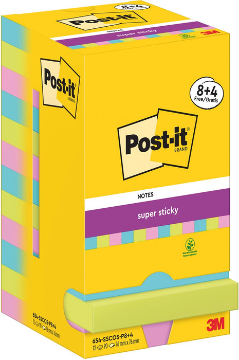 Post-It Super Sticky Notes Cosmic, 90 vel, ft 76 x 76 mm, 8 + 4 GRATIS 12 stuks, OfficeTown
