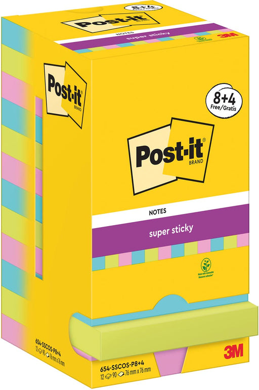 Post-It Super Sticky Notes Cosmic, 90 vel, ft 76 x 76 mm, 8 + 4 GRATIS 12 stuks, OfficeTown