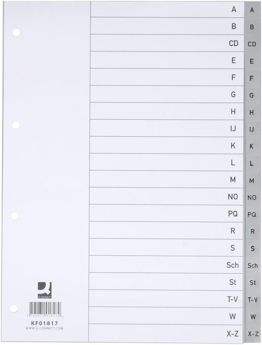 Q-CONNECT alfabetische tabbladen, A4, PP, met indexblad, 20 tabs, grijs 25 stuks, OfficeTown