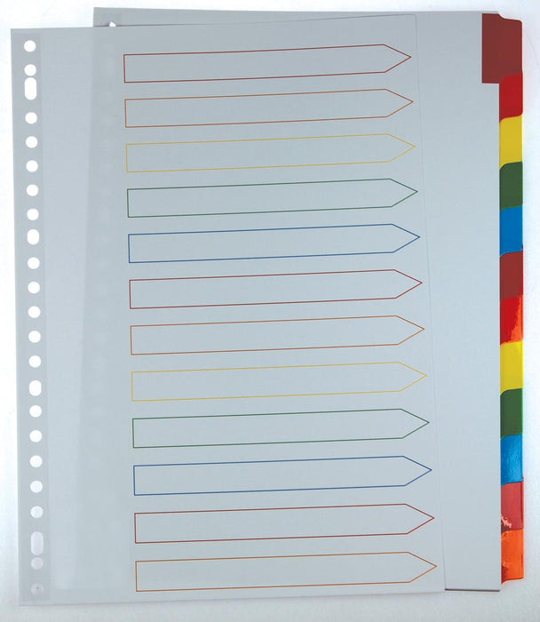 Tabbladen van Pergamy met indexblad, A4-formaat, 11-gaatsperforatie, geassorteerde kleuren, 12 tabs 25 stuks