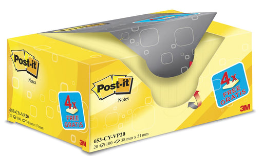 Post-it Notes, ft 38 x 51 mm, geel, blok van 100 vel, pak van 16 + 4 gratis 14 stuks, OfficeTown