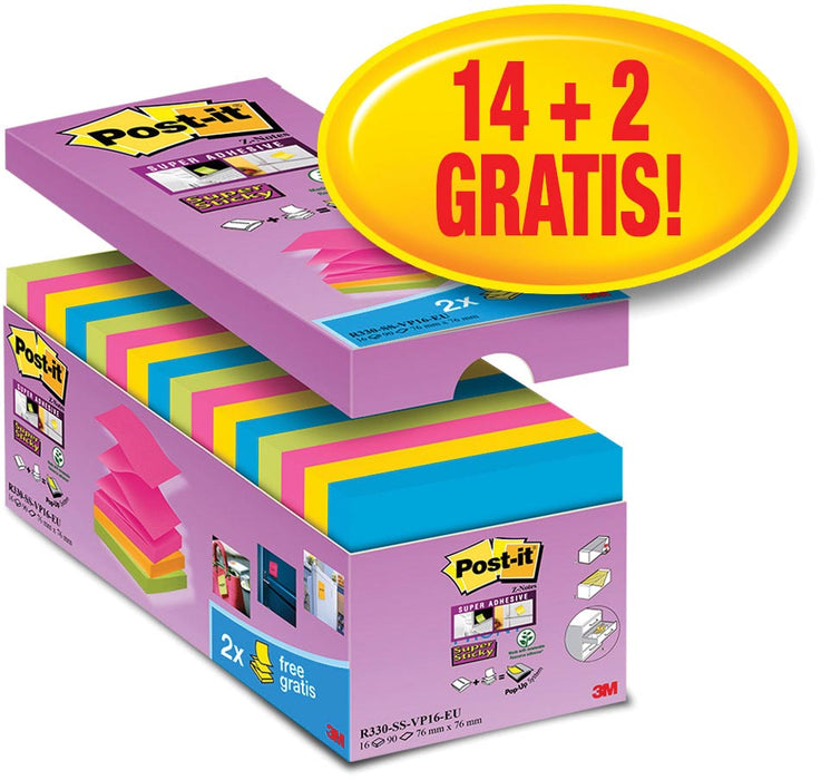 Post-it Super plakkerige Z-notes, 90 vellen, ft 76 x 76 mm, doos van 14 + 2 gratis, diverse kleuren