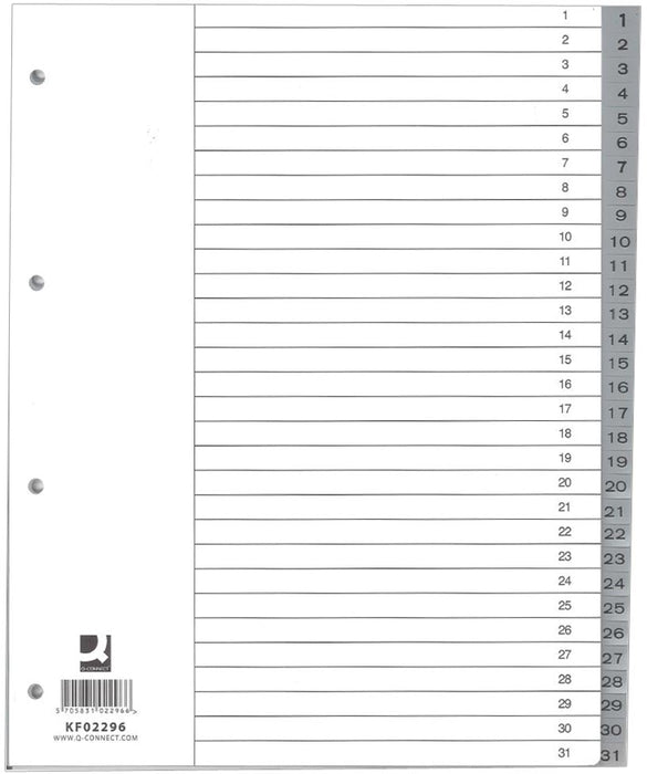 Q-CONNECT numerieke tabbladen, A4, PP, 1-31, met indexblad, grijs 10 stuks