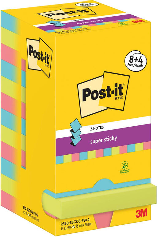 Post-It Super Sticky Z-Notes Cosmic, 90 vel, ft 76 x 76 mm, 8 + 4 GRATIS 12 stuks, OfficeTown