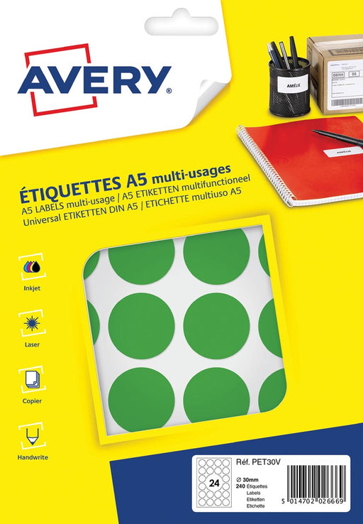 Avery PET30V ronde markeringsetiketten, diameter 30 mm, blister van 240 stuks, groen 5 stuks, OfficeTown