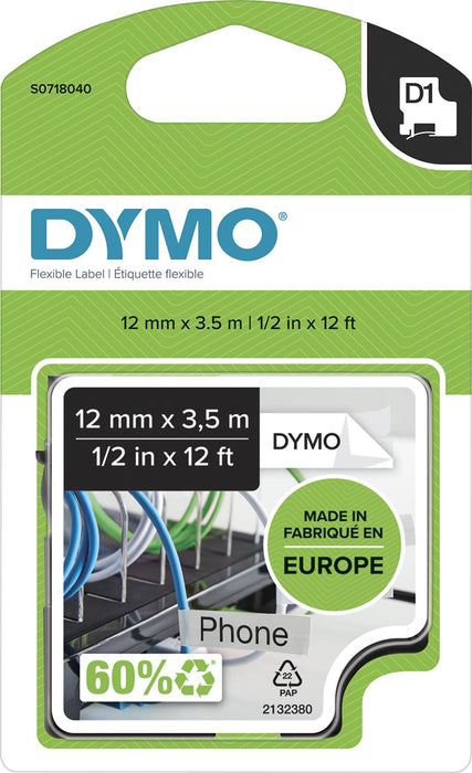 Dymo D1 flexibele nylontape 12 mm, zwart op wit 5 stuks