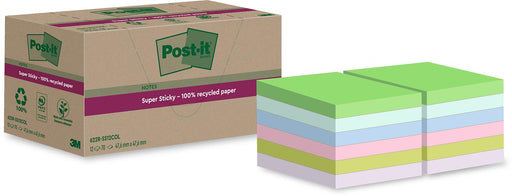 Post-it Super Sticky Notes Recycled, 70 vel, ft 47,6 x 47,6 mm, assorti, pak van 12 blokken 24 stuks, OfficeTown