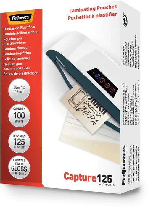 Fellowes lamineerhoezen Capture125 ft 65 x 95 mm, 250 micron (2 x 125 micron), pak van 100 stuks - OfficeTown