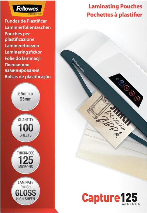 Fellowes lamineerhoezen Capture125 ft 65 x 95 mm, 250 micron (2 x 125 micron), pak van 100 stuks - OfficeTown